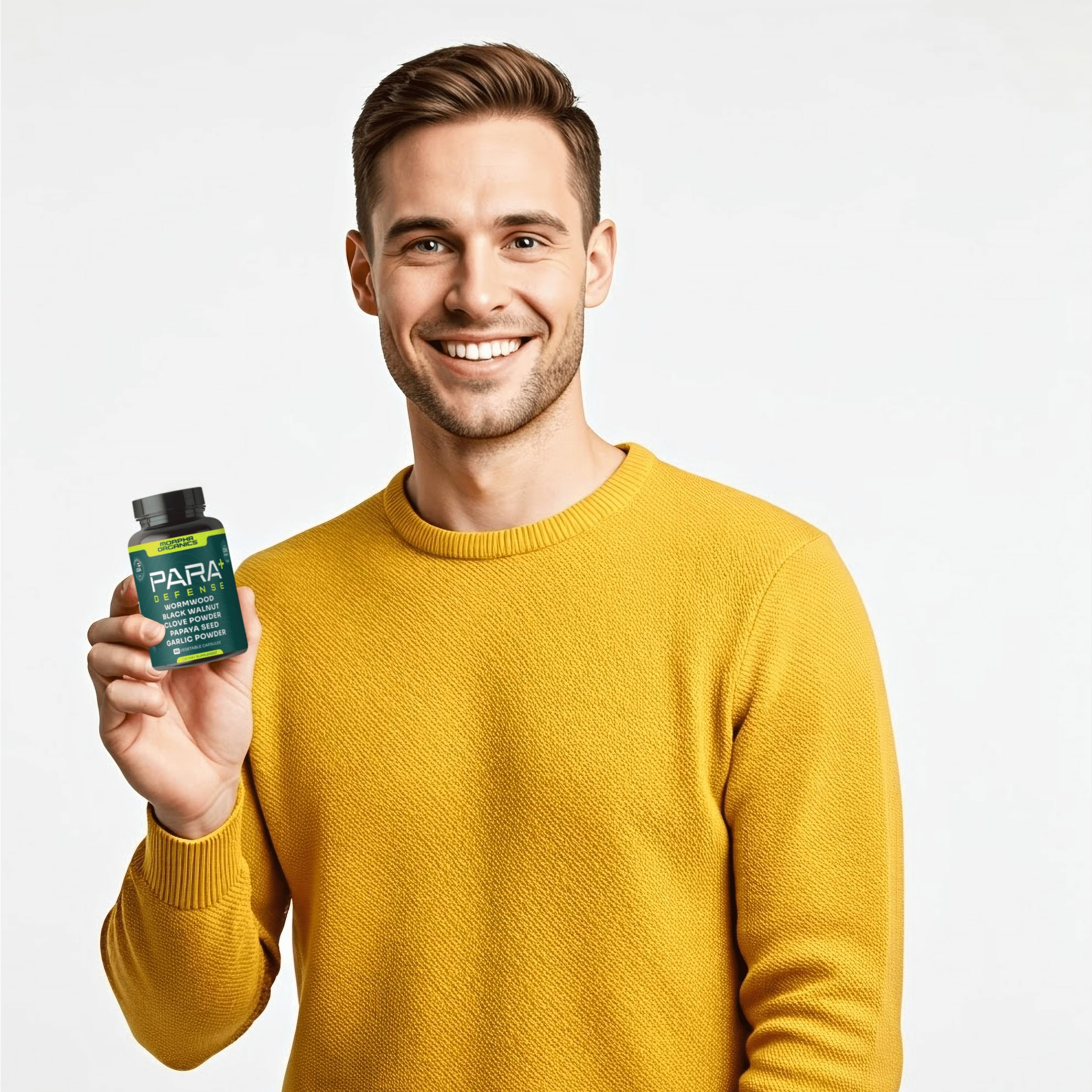 Morpha Organics Para Defense capsules arranged on table for daily digestive wellness.