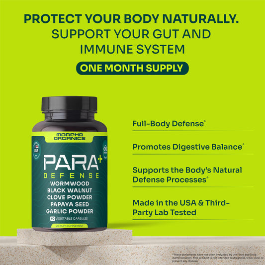 Morpha Organics Para Defense Wormwood capsules close-up showing herbal digestive support.
