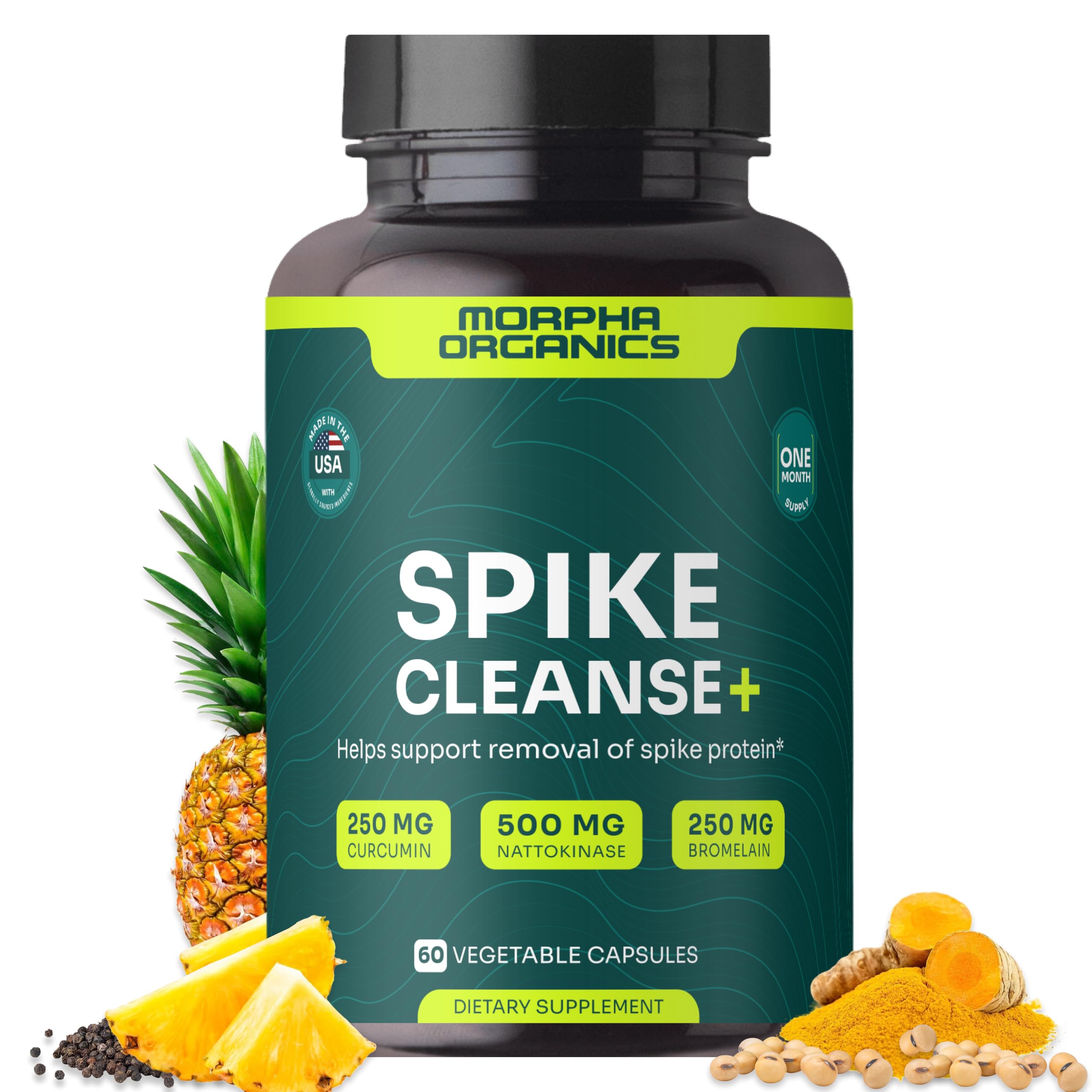 Morpha Organics Spike Cleanse bottle shown for daily detox support and wellness routine.