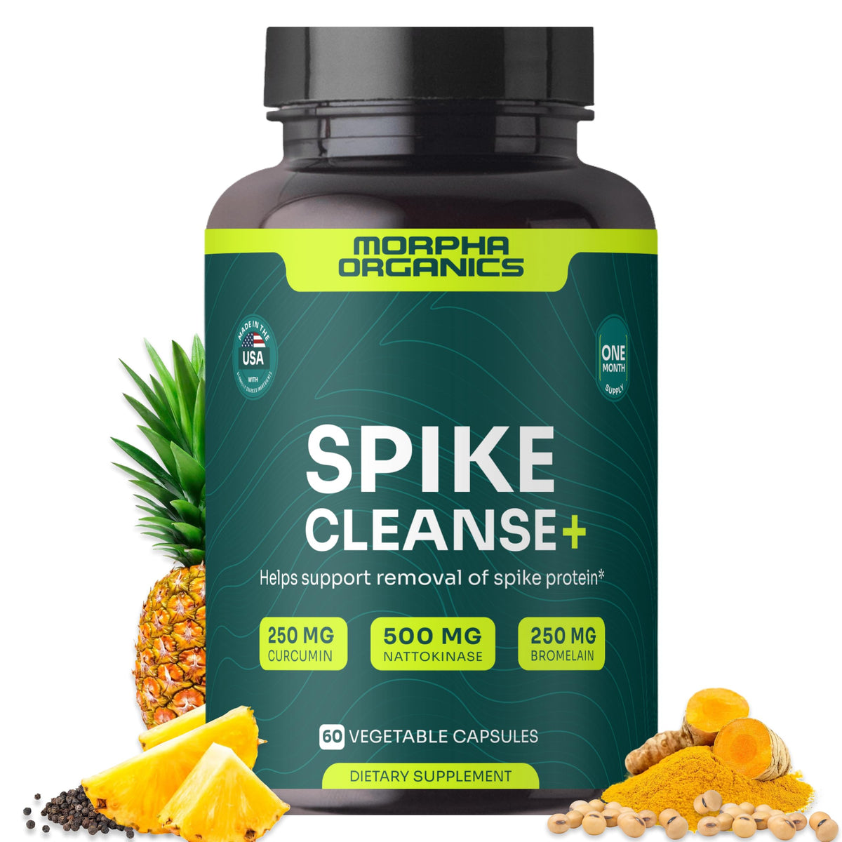 Morpha Organics Spike Cleanse bottle shown for daily detox support and wellness routine.