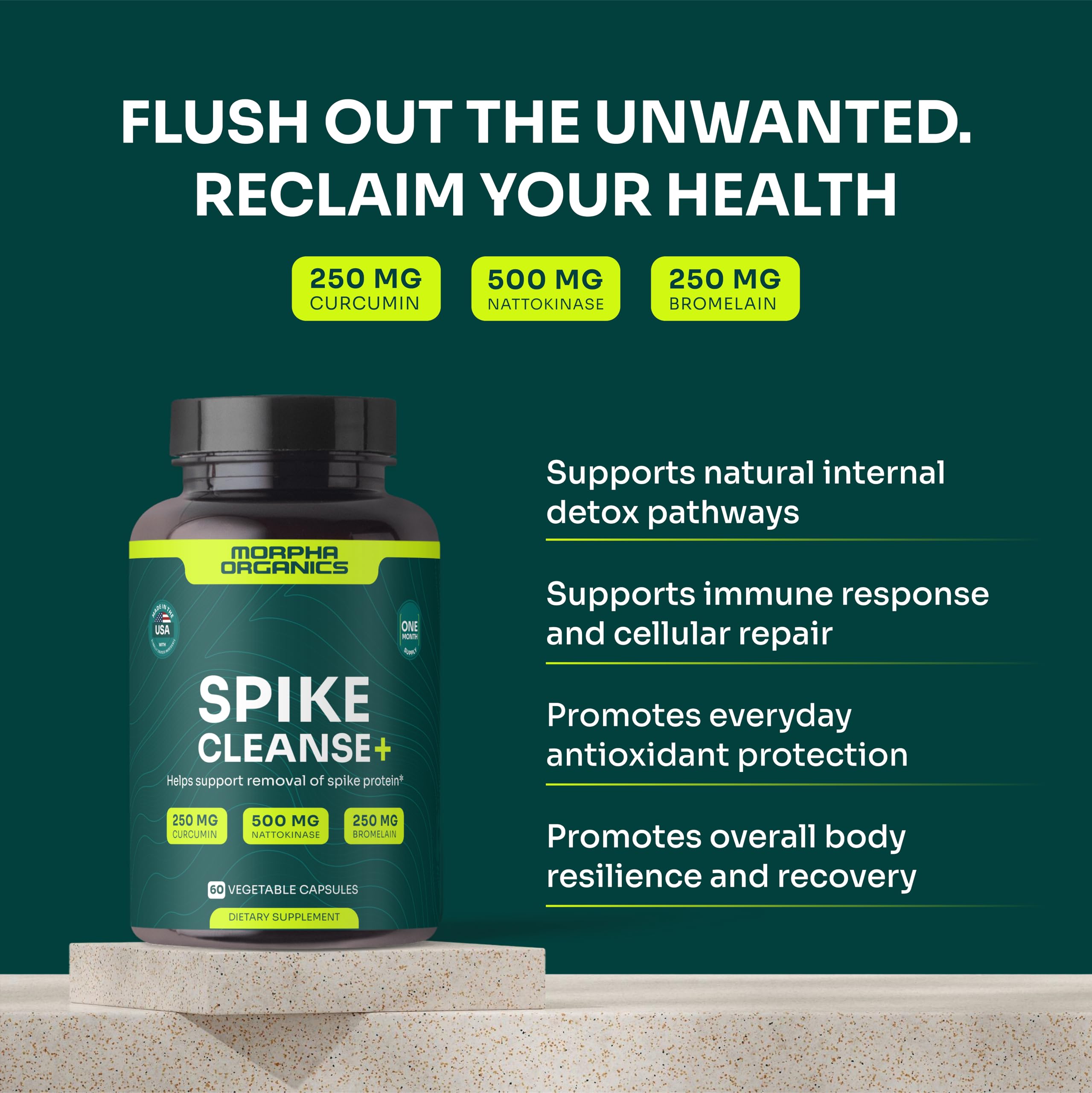 Close-up of Spike Cleanse capsules highlighting nattokinase and bromelain for circulation support.