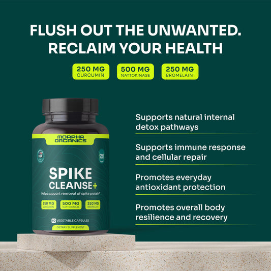 Close-up of Spike Cleanse capsules highlighting nattokinase and bromelain for circulation support.
