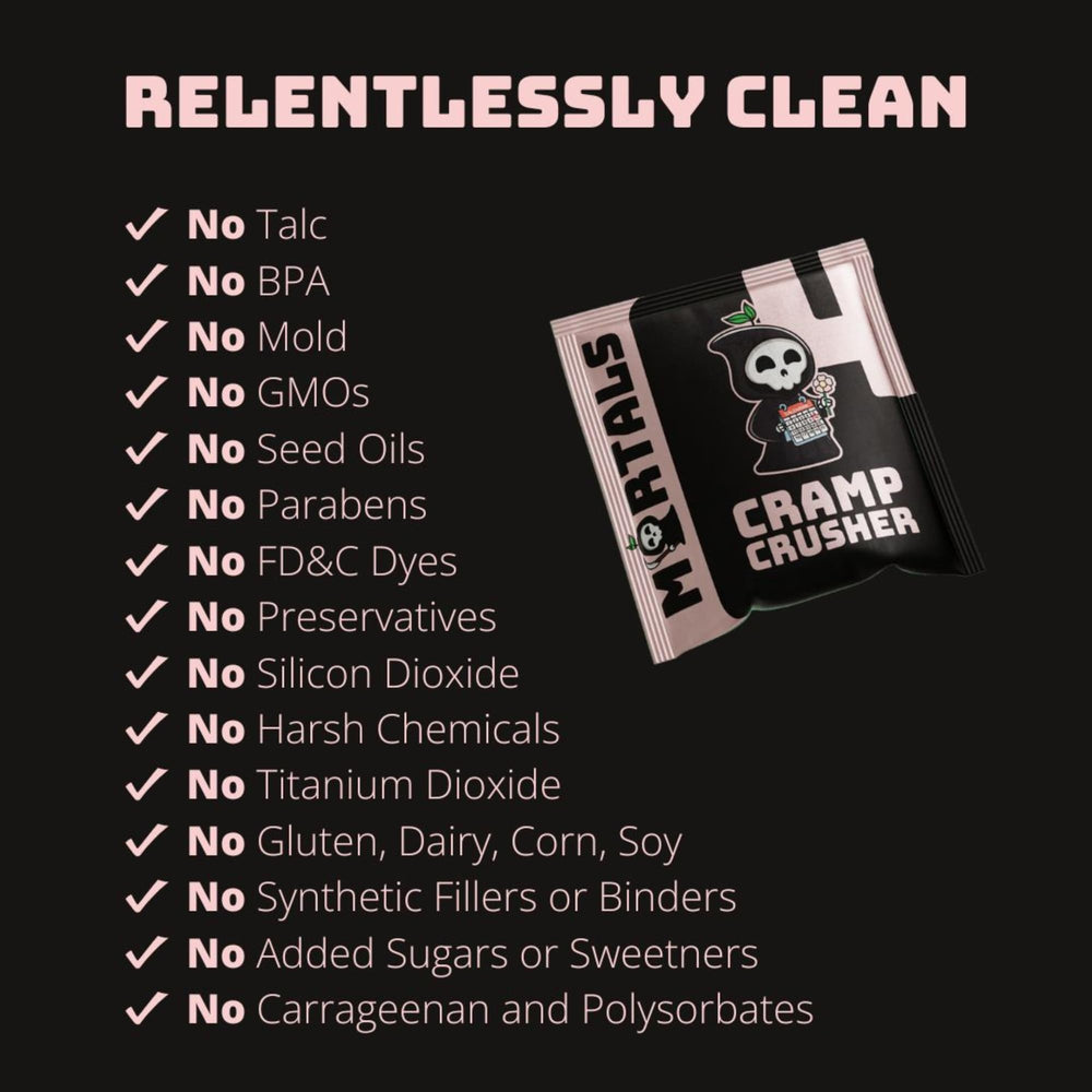 Mortals Cramp Crusher label closeup highlights vegan and gluten‑free