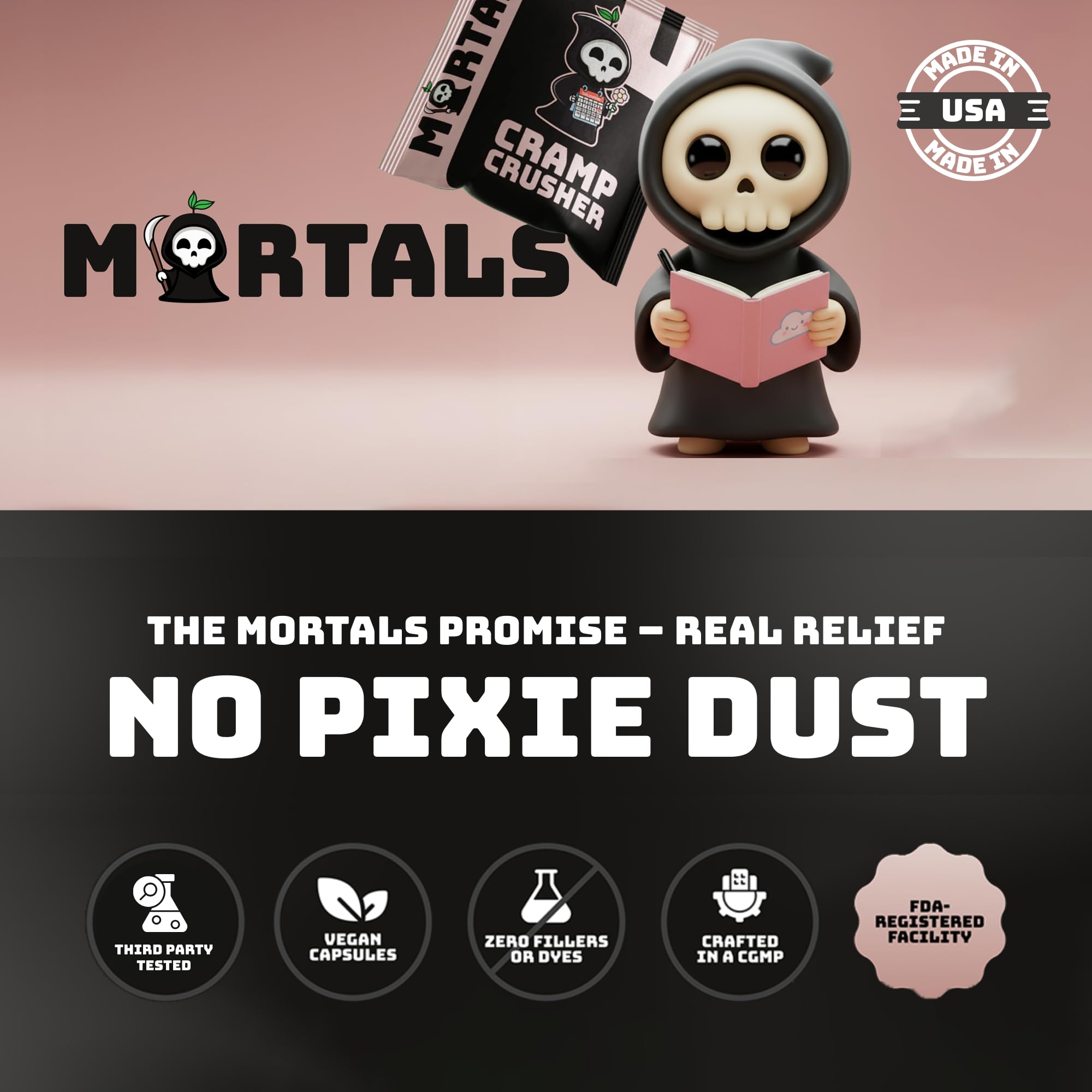 Mortals Cramp Crusher vegan non‑GMO badge on packaging