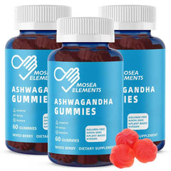 MOSEA ELEMENTS Ashwagandha Gummies 3-pack shown for daily calm and focus.