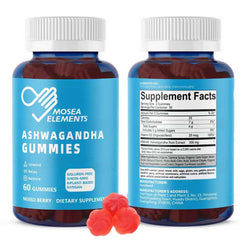 MOSEA ELEMENTS Ashwagandha Gummies pack shot highlighting convenient daily supplement.