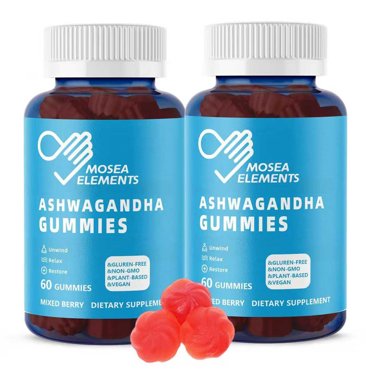 MOSEA ELEMENTS Ashwagandha gummies berry bottle for daily calm and focus