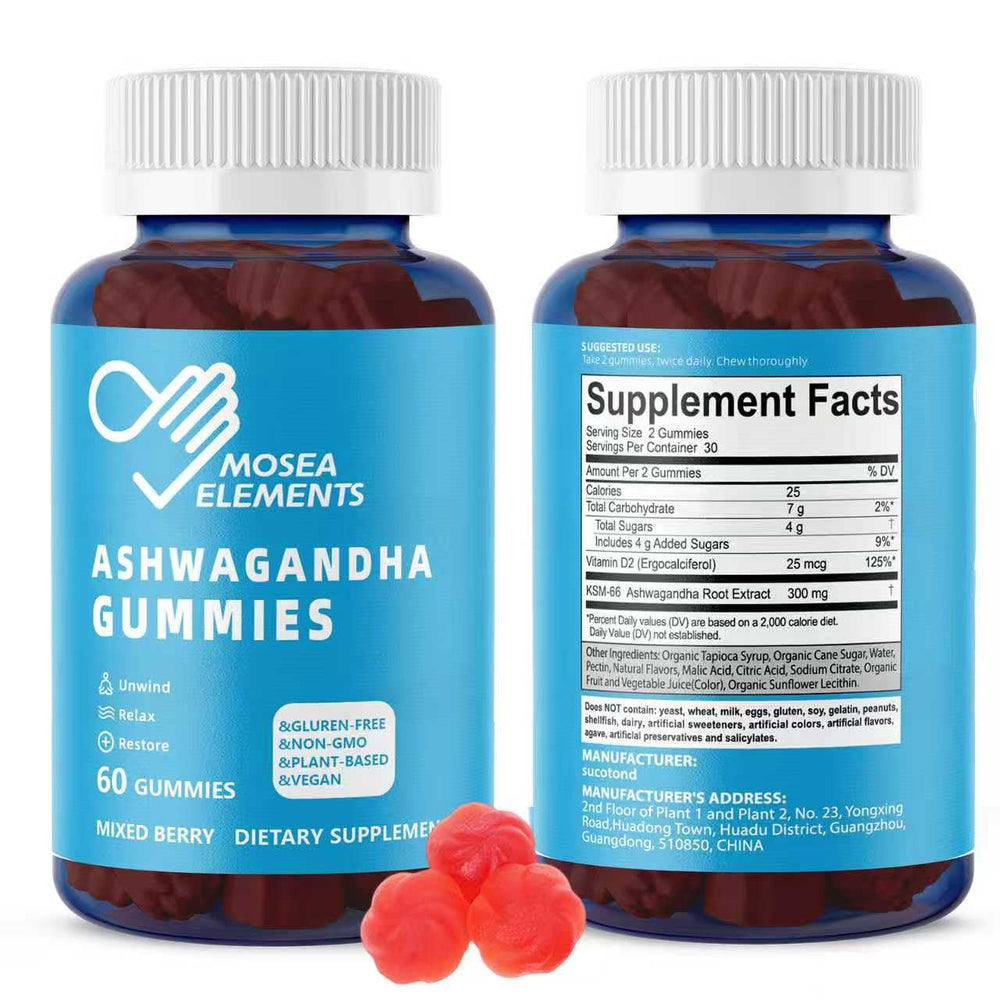 MOSEA ELEMENTS Ashwagandha gummies nutrition label with non GMO ingredients