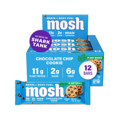 MOSH Chocolate Chip Cookie Bar packaging highlighting plant-based, keto-friendly snack.