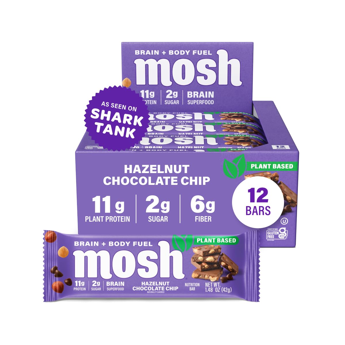 MOSH Hazelnut Chocolate Chip vegan bar pack showing rich flavor and brain-friendly nutrition.