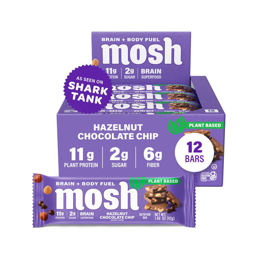 MOSH Hazelnut Chocolate Chip vegan bar pack showing rich flavor and brain-friendly nutrition.