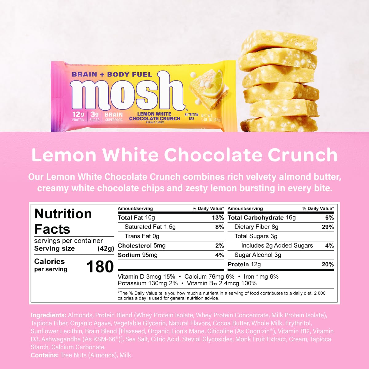 MOSH Lemon White Chocolate Keto Bar unwrapped, ready for a brain-friendly snack.