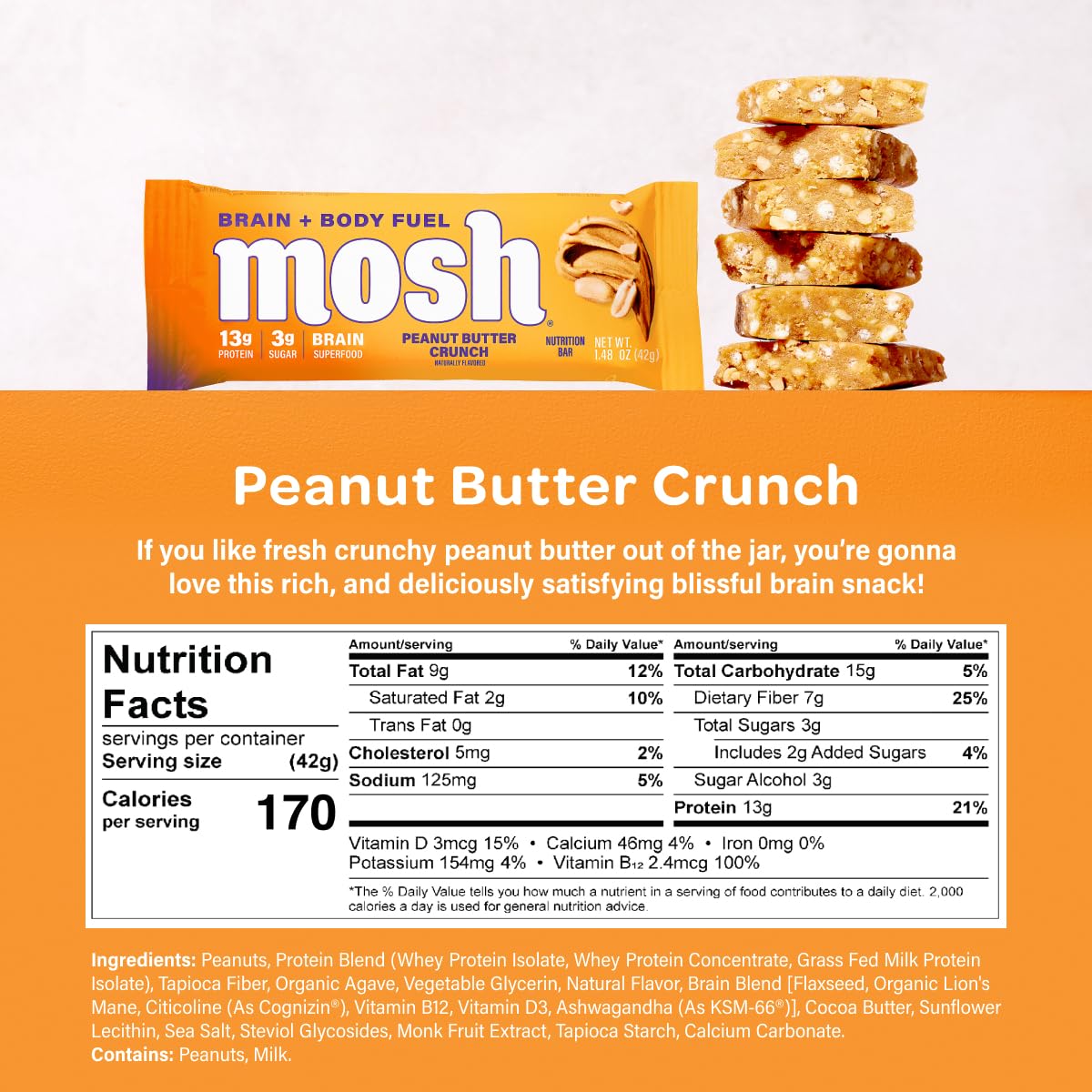 Close-up of MOSH Peanut Butter Crunch bar emphasizing crunchy texture and fiber content