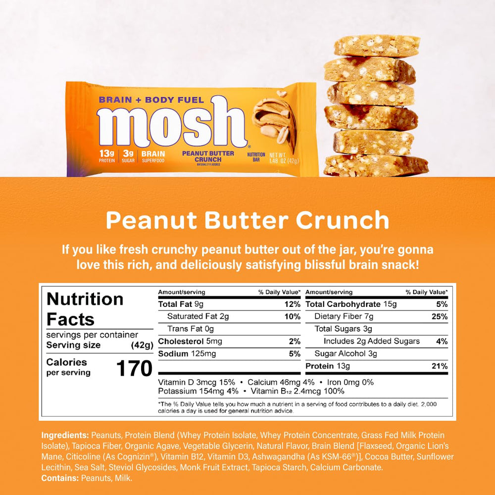 Close-up of MOSH Peanut Butter Crunch bar emphasizing crunchy texture and fiber content