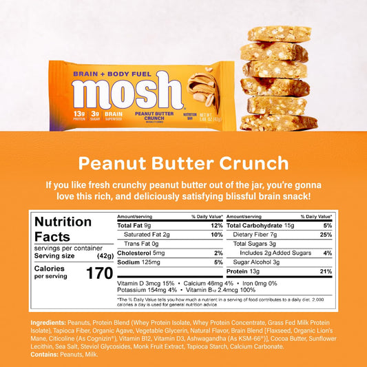 Close-up of MOSH Peanut Butter Crunch bar emphasizing crunchy texture and fiber content