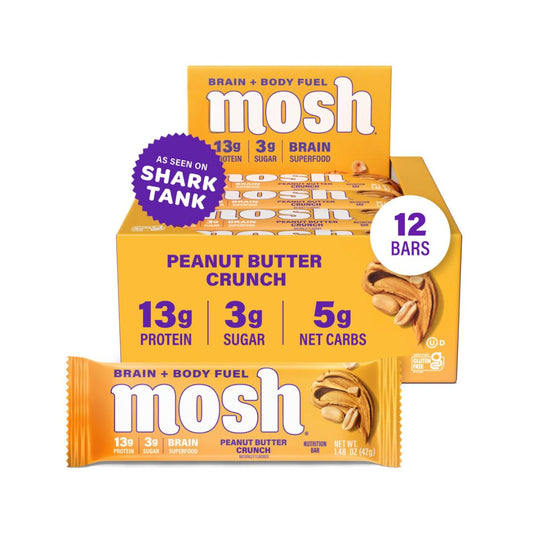 MOSH Peanut Butter Crunch bar packshot highlighting a protein-rich brain-boosting snack