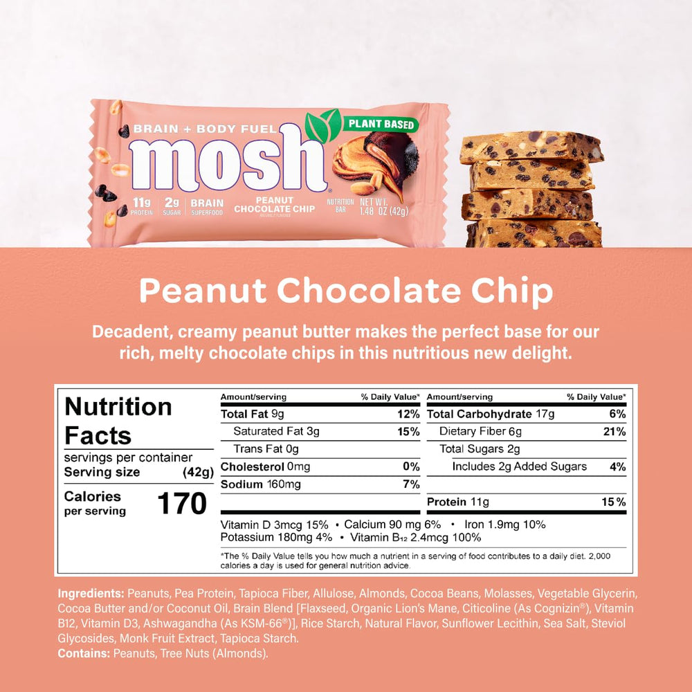 MOSH bar cross-section reveals creamy peanut butter with chips