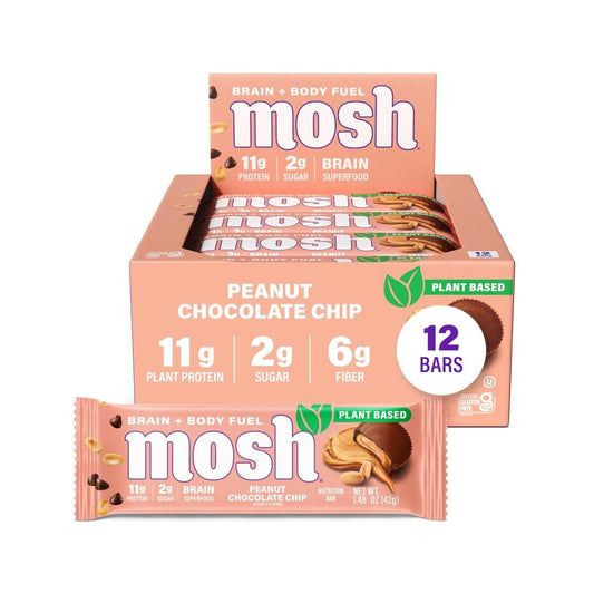 MOSH peanut chocolate chip bar packaging shows a protein snack on the go