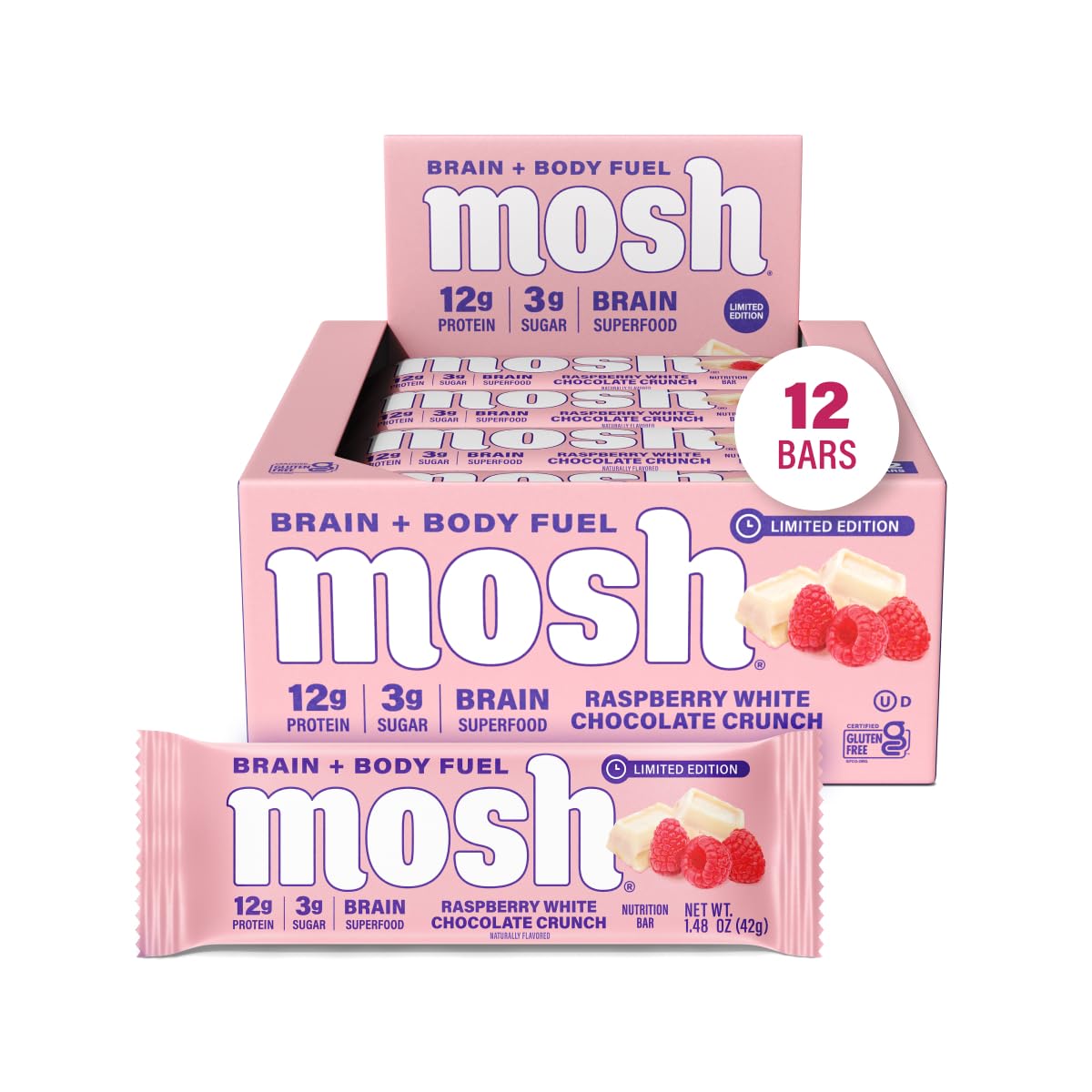 MOSH Raspberry White Chocolate Crunch packaging showcases keto-friendly, high-protein snack