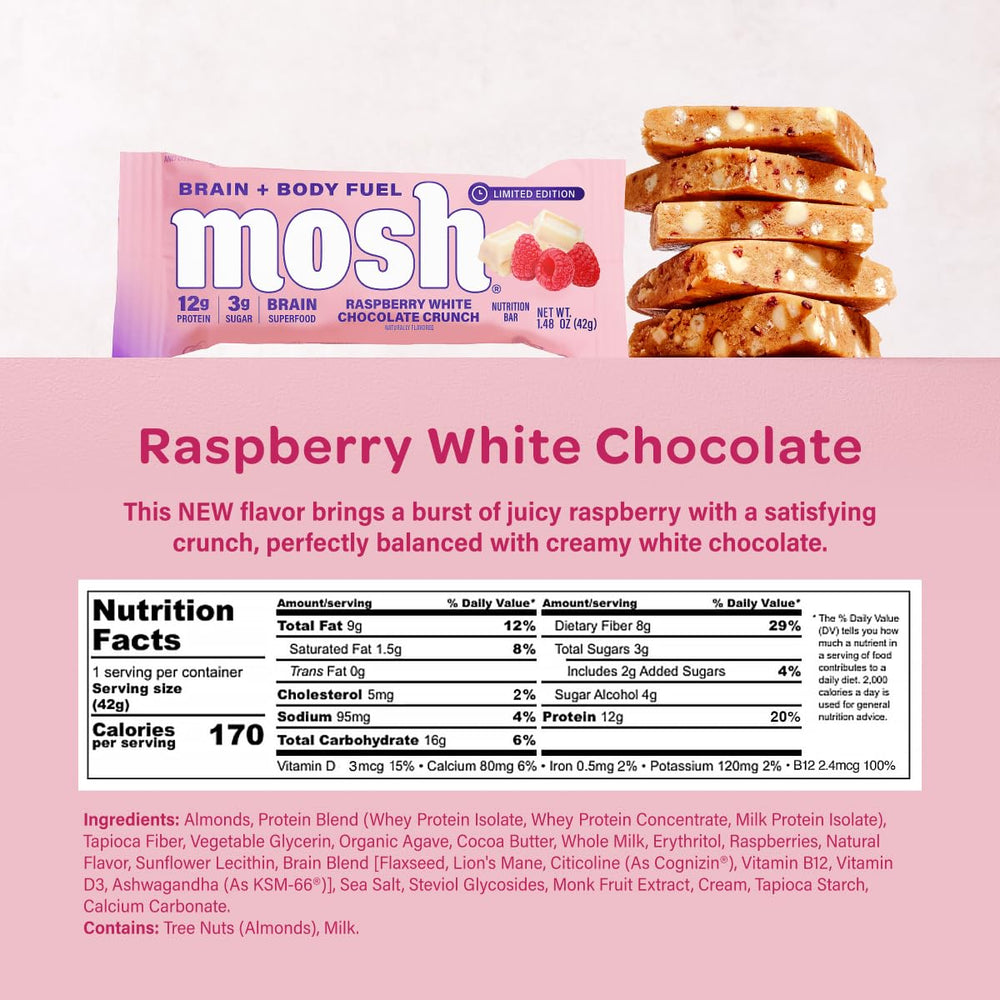 Unwrapped MOSH Raspberry White Chocolate Crunch bar reveals raspberries and white chocolate for quick energy