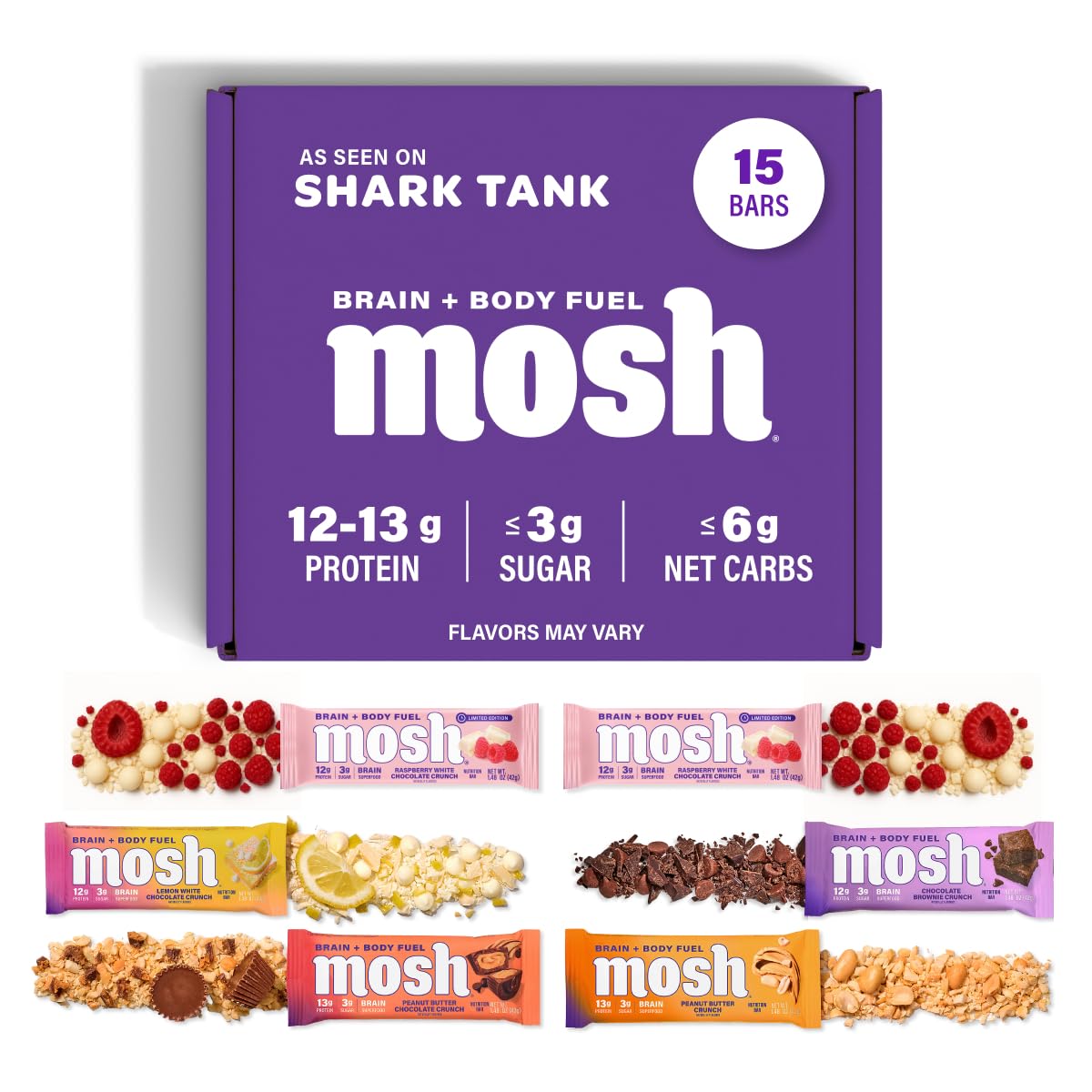 MOSH variety pack keto bars packaging showcases gluten-free, high-protein snacking options.