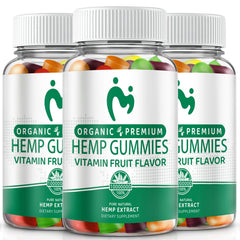 MOSRAY Hemp Gummies 3-pack packaging highlights vegan, low-sugar daily option.
