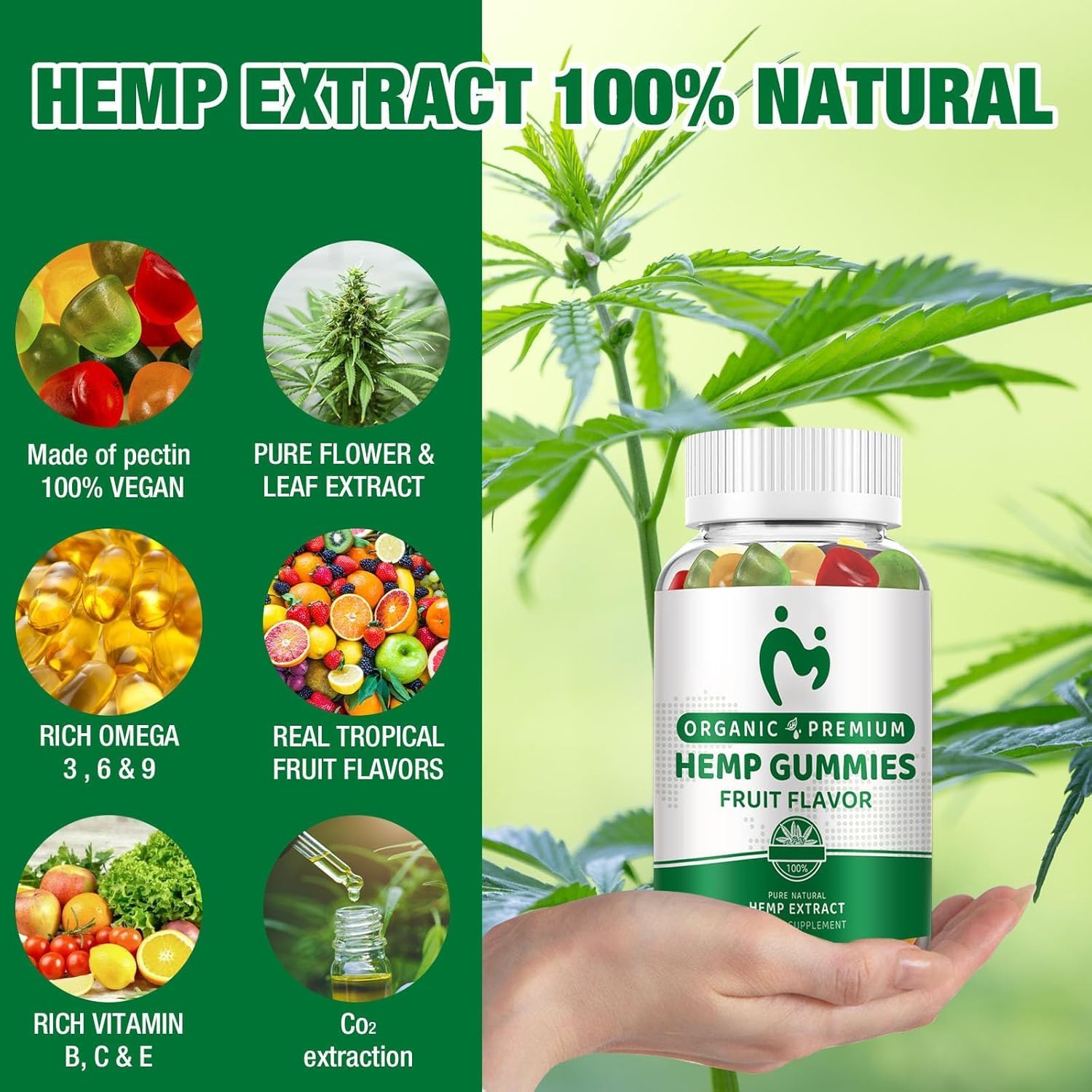 MOSRAY Hemp Gummies ingredient panel reveals omega fats and essential vitamins for overall wellness.