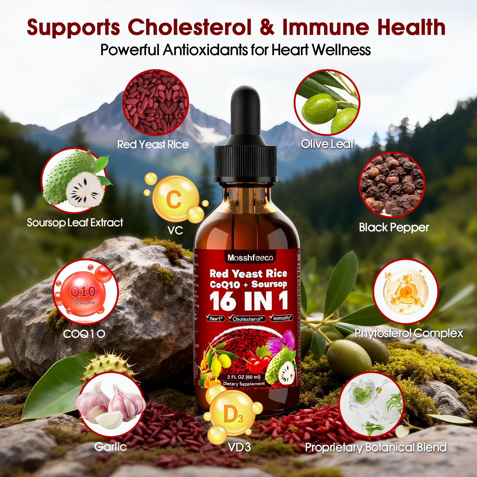 MOSSHFEECO CoQ10 and Soursop Drops close-up emphasizing antioxidant support.