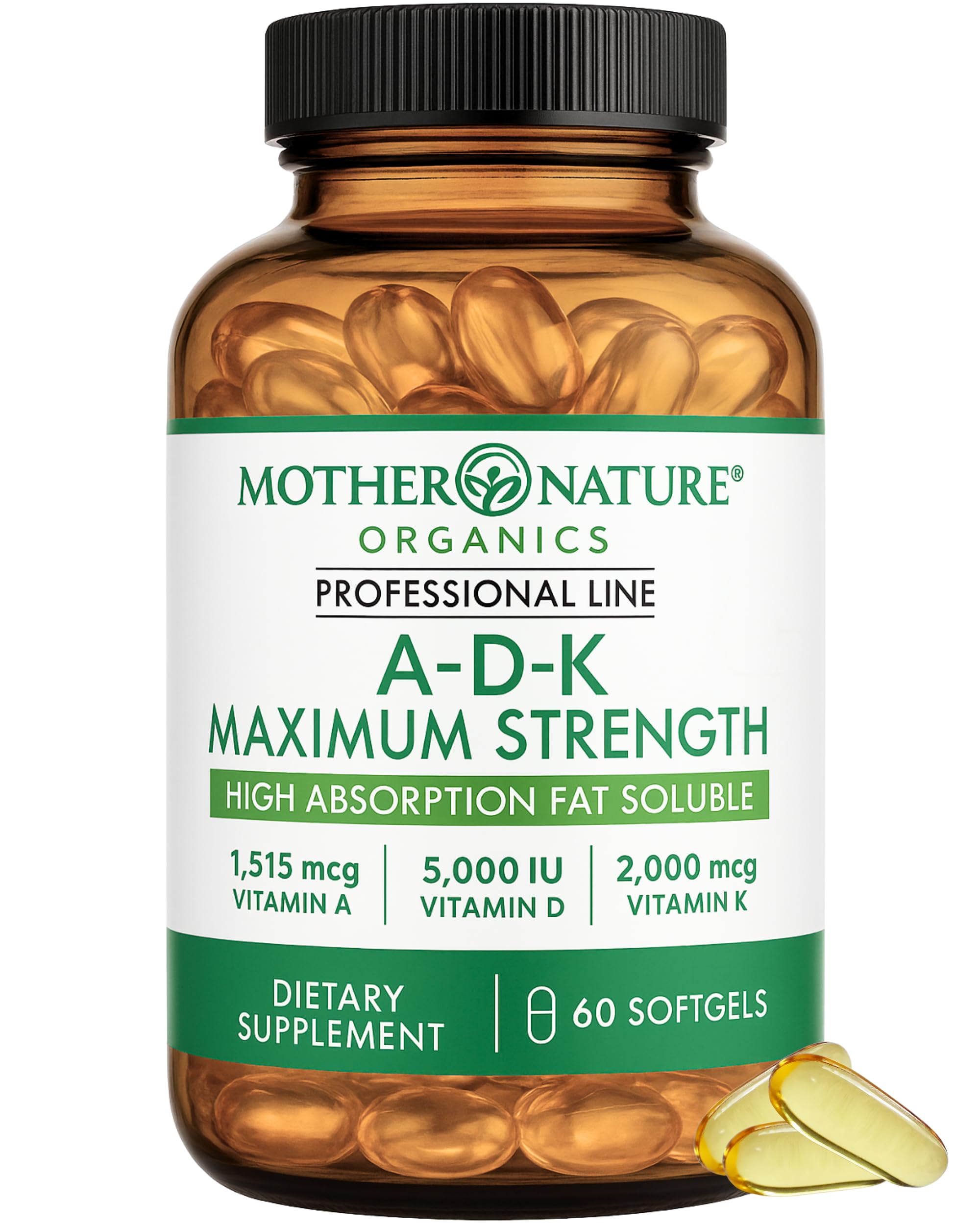 Mother Nature Organics ADK bottle front shows high-dose D3 for bone support