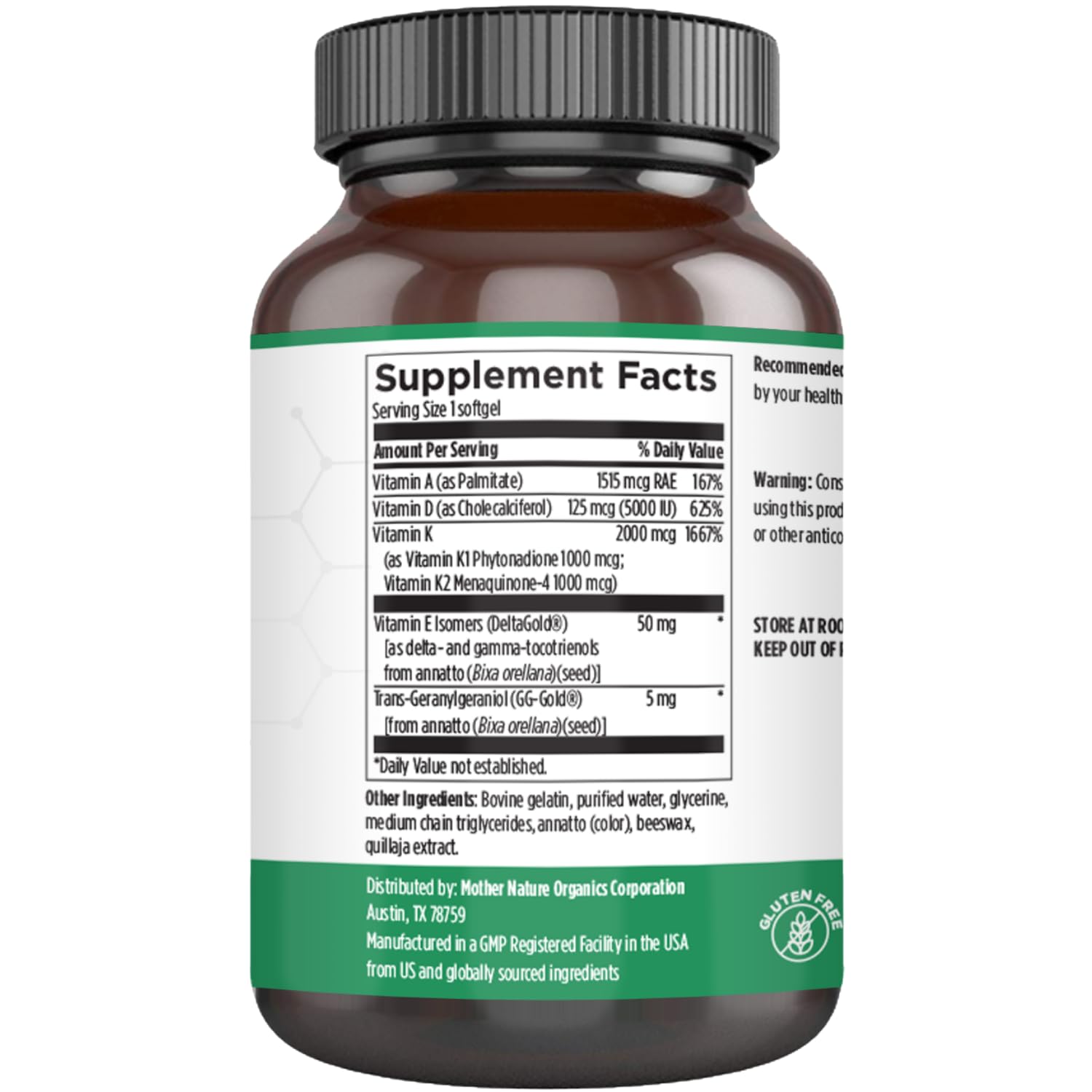 Mother Nature Organics ADK bottle pour demonstrates convenient dosing for daily immune and bone health