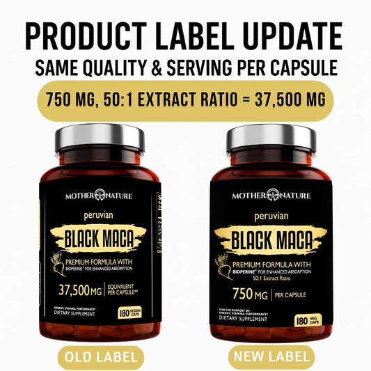 Mother Nature Organics Black Maca bottle-label shows organic Peru origin and purity.