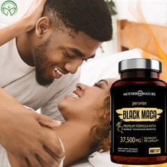 Mother Nature Organics Black Maca capsules-closeup highlights uniform dosing for daily use.