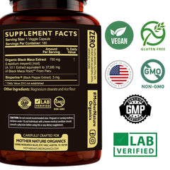 Mother Nature Organics Black Maca packaging underscores Peruvian origin and natural sourcing.