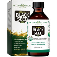 Mother Nature Organics black seed oil bottle for daily immune support and wellness.