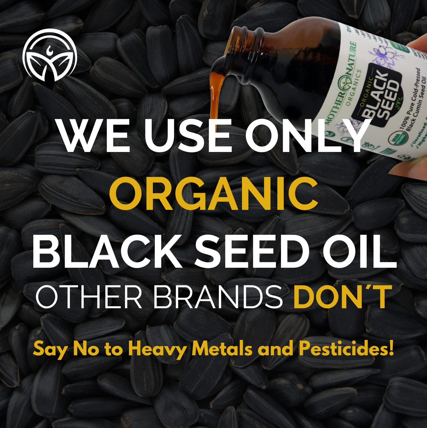 Mother Nature Organics Black Seed Oil drops on spoon illustrate mild taste and premium quality.