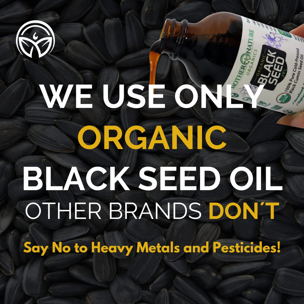 Mother Nature Organics Black Seed Oil drops on spoon illustrate mild taste and premium quality.