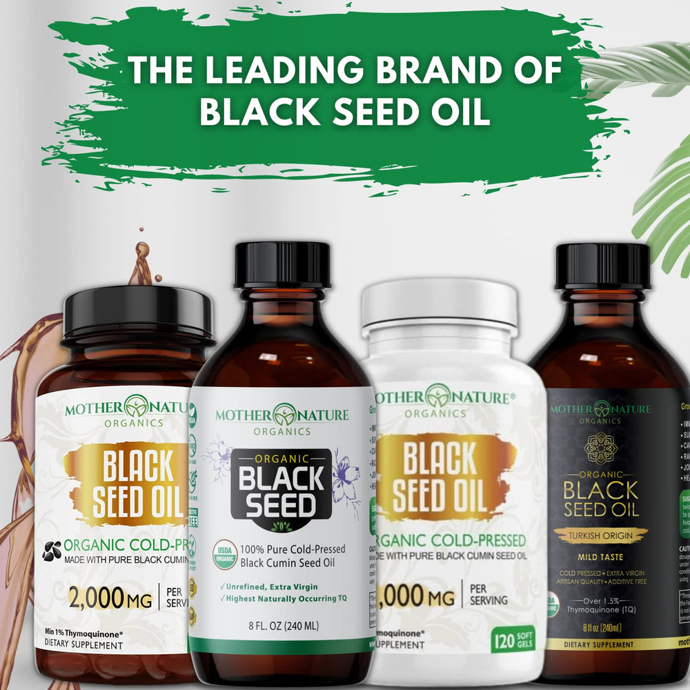 Mother Nature Organics Black Seed Oil glass bottle packaging reinforces allergen free and non GMO formula.