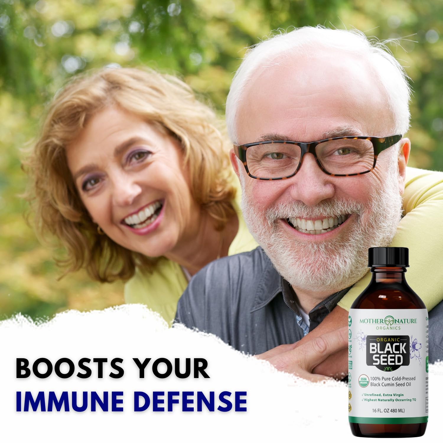 Mother Nature Organics black seed oil label highlights organic purity and high thymoquinone.