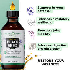 Mother Nature Organics Black Seed Oil omega three six nine profile supports balanced nutrition.