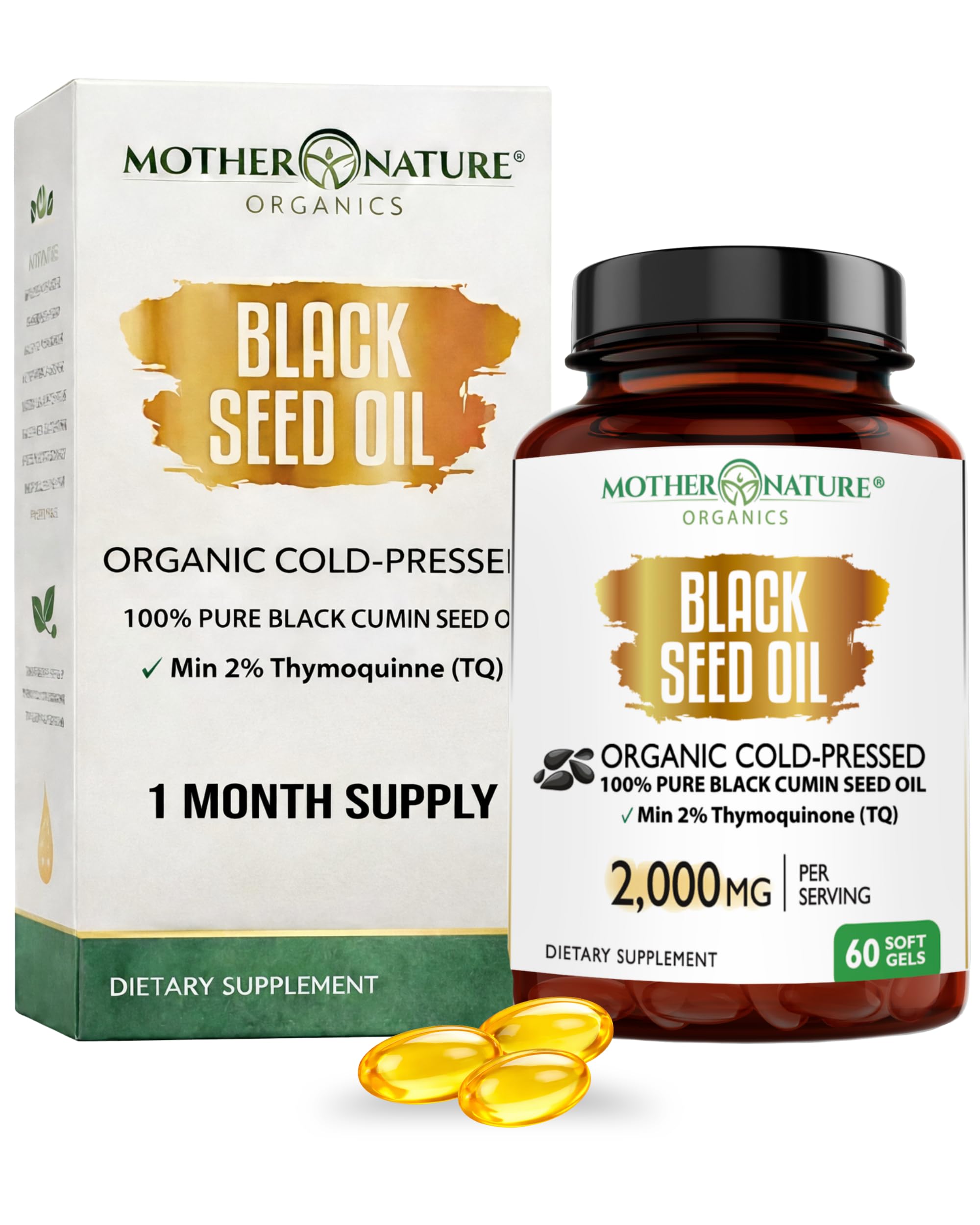 Mother Nature Organics black seed oil softgels bottle for daily immune support