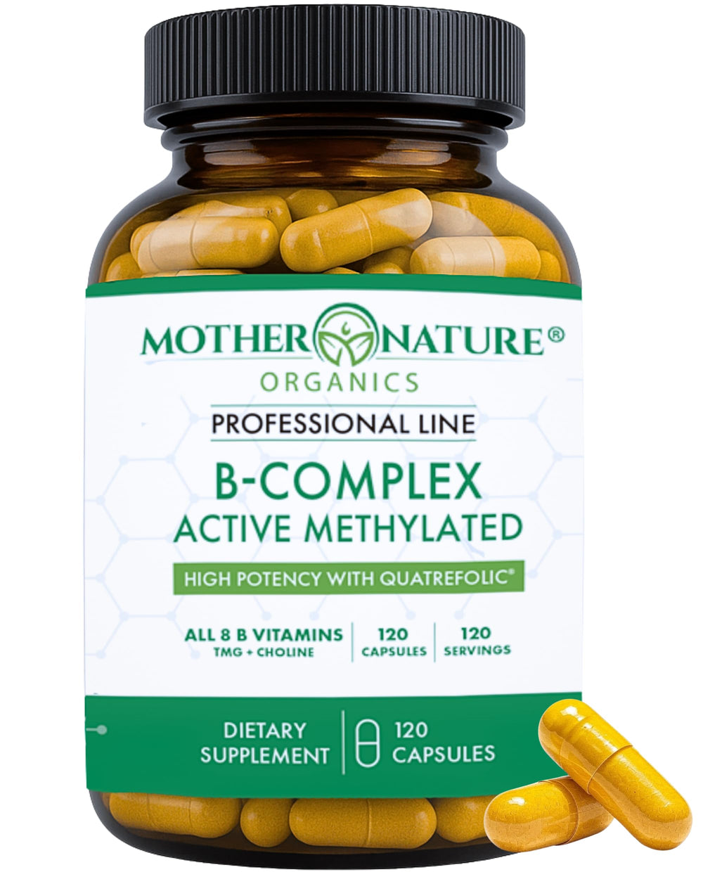 Mother Nature Organics Methylated B Complex bottle showing bioavailable vitamins for energy support