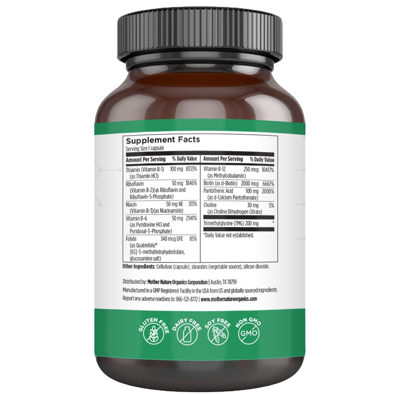 Mother Nature Organics Methylated B Complex capsules close-up for enhanced metabolism and brain function
