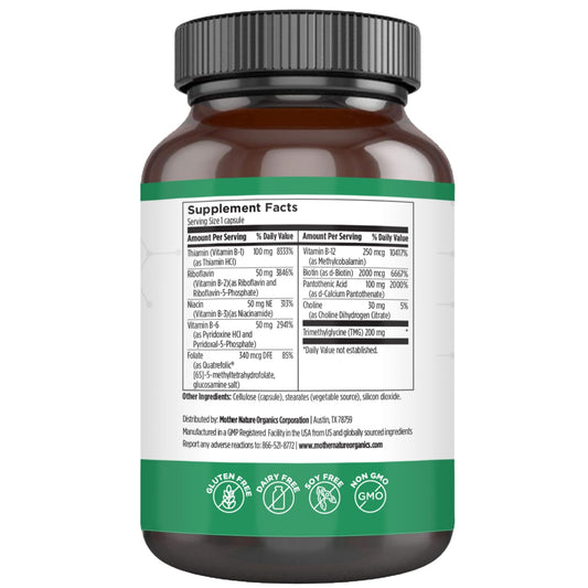 Mother Nature Organics Methylated B Complex capsules close-up for enhanced metabolism and brain function
