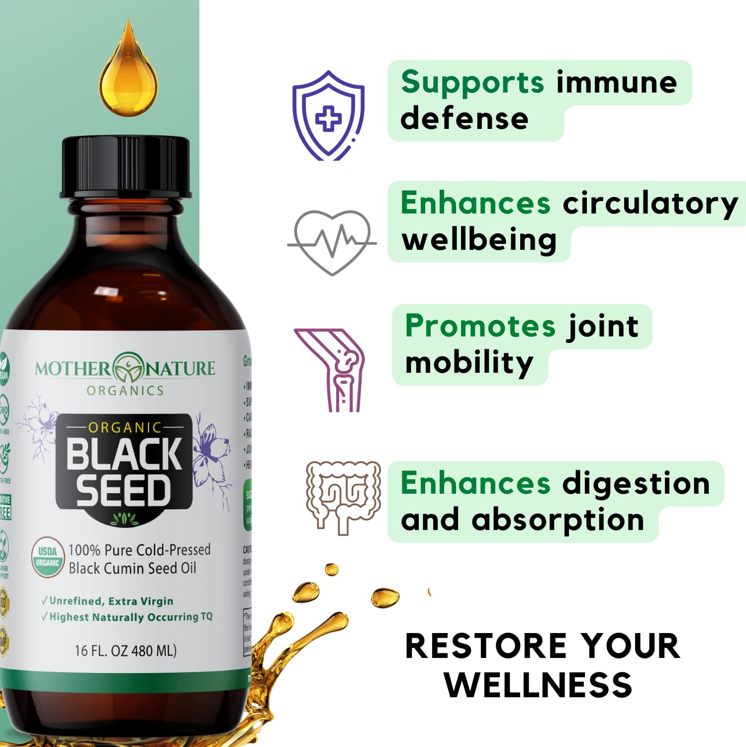 Mother Nature Organics omega-3-6-9 composition supports heart and digestion.