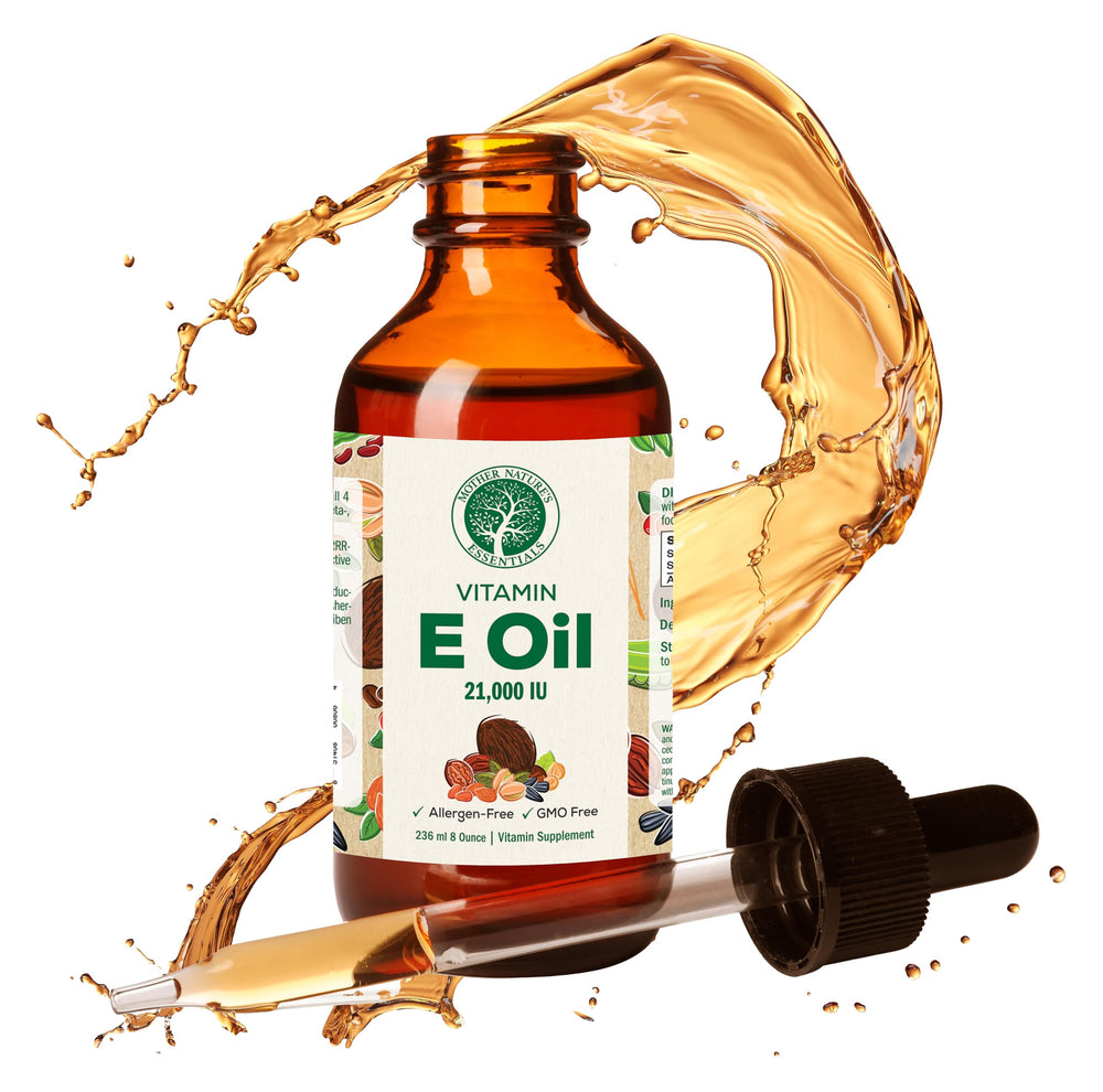 Mother Nature's Essentials Vitamin E 21000IU bottle for daily use.