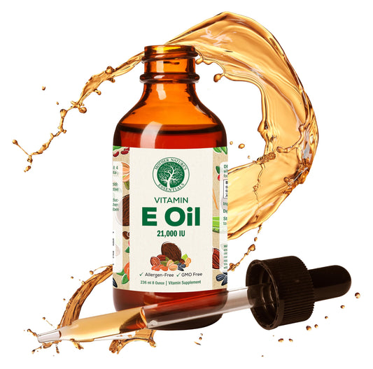 Mother Nature's Essentials Vitamin E 21000IU bottle for daily use.