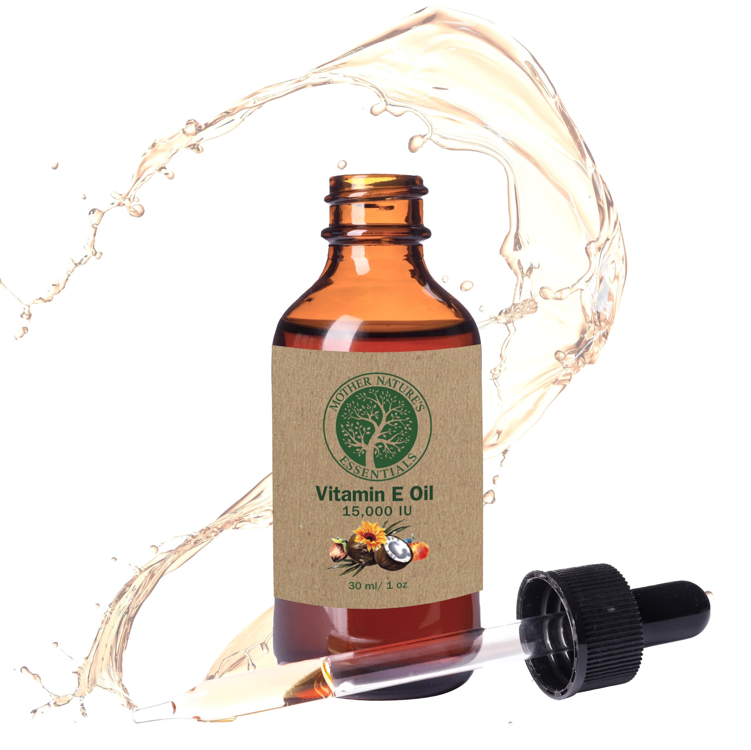 Mother Nature's Essentials Vitamin E Oil bottle closeup highlighting the 14,000 IU formula for skin nourishment.