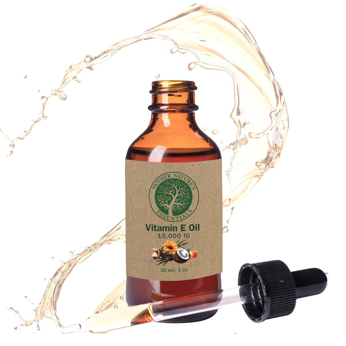 Mother Nature's Essentials Vitamin E Oil bottle closeup highlighting the 14,000 IU formula for skin nourishment.