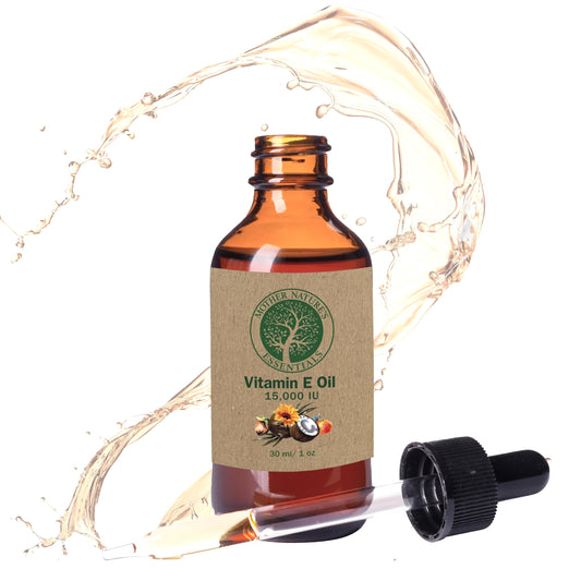 Mother Nature's Essentials Vitamin E Oil bottle closeup highlighting the 14,000 IU formula for skin nourishment.