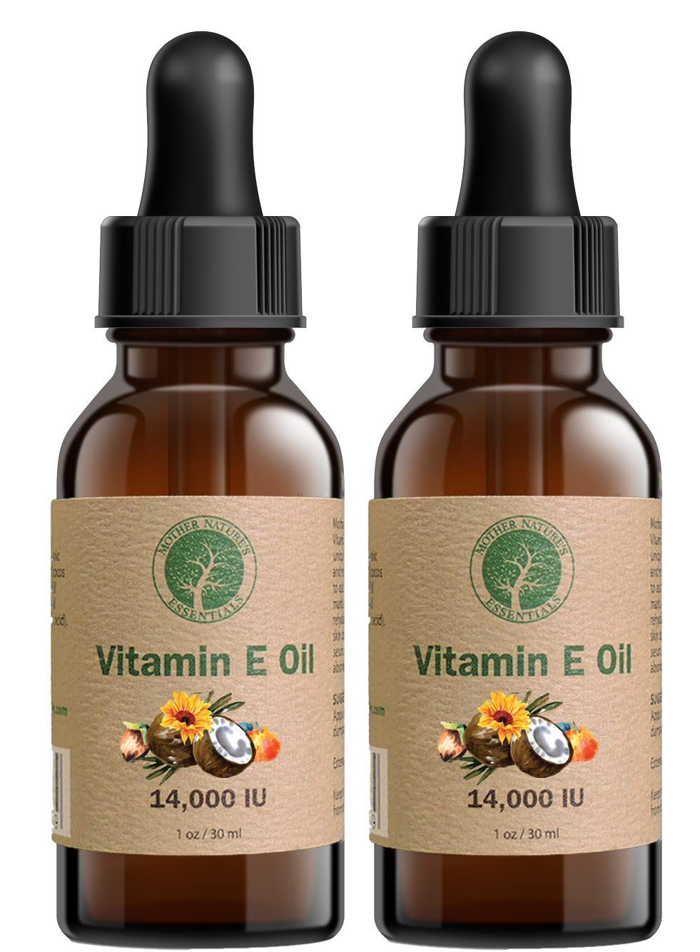 Mother Nature's Essentials Vitamin E Oil ingredients label shown on packaging supports transparent, plant-based care.